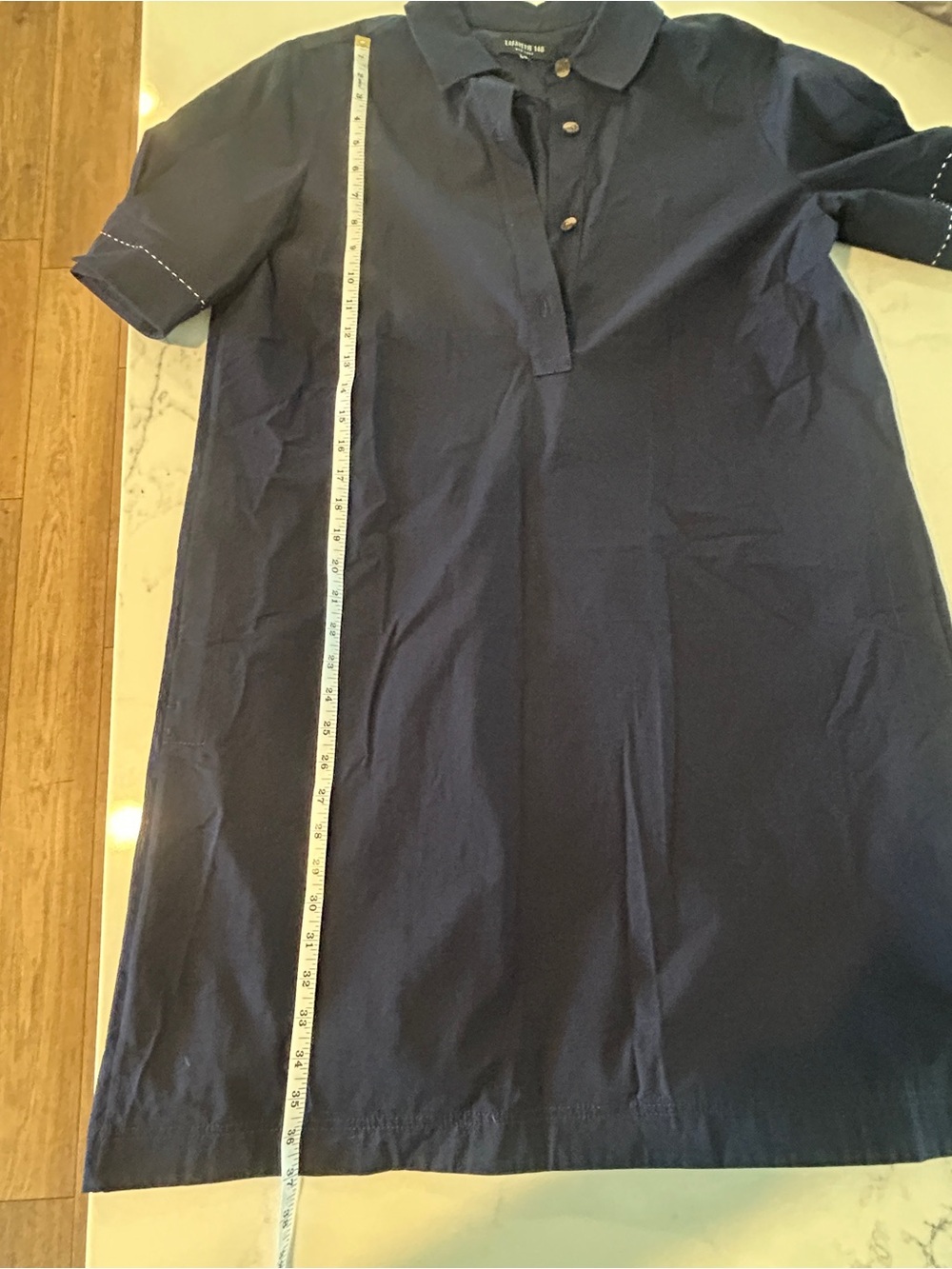 Lafayette 148 New York Navy Short-Sleeve Polo Dress white stitching on sleeve - Picture 8 of 9